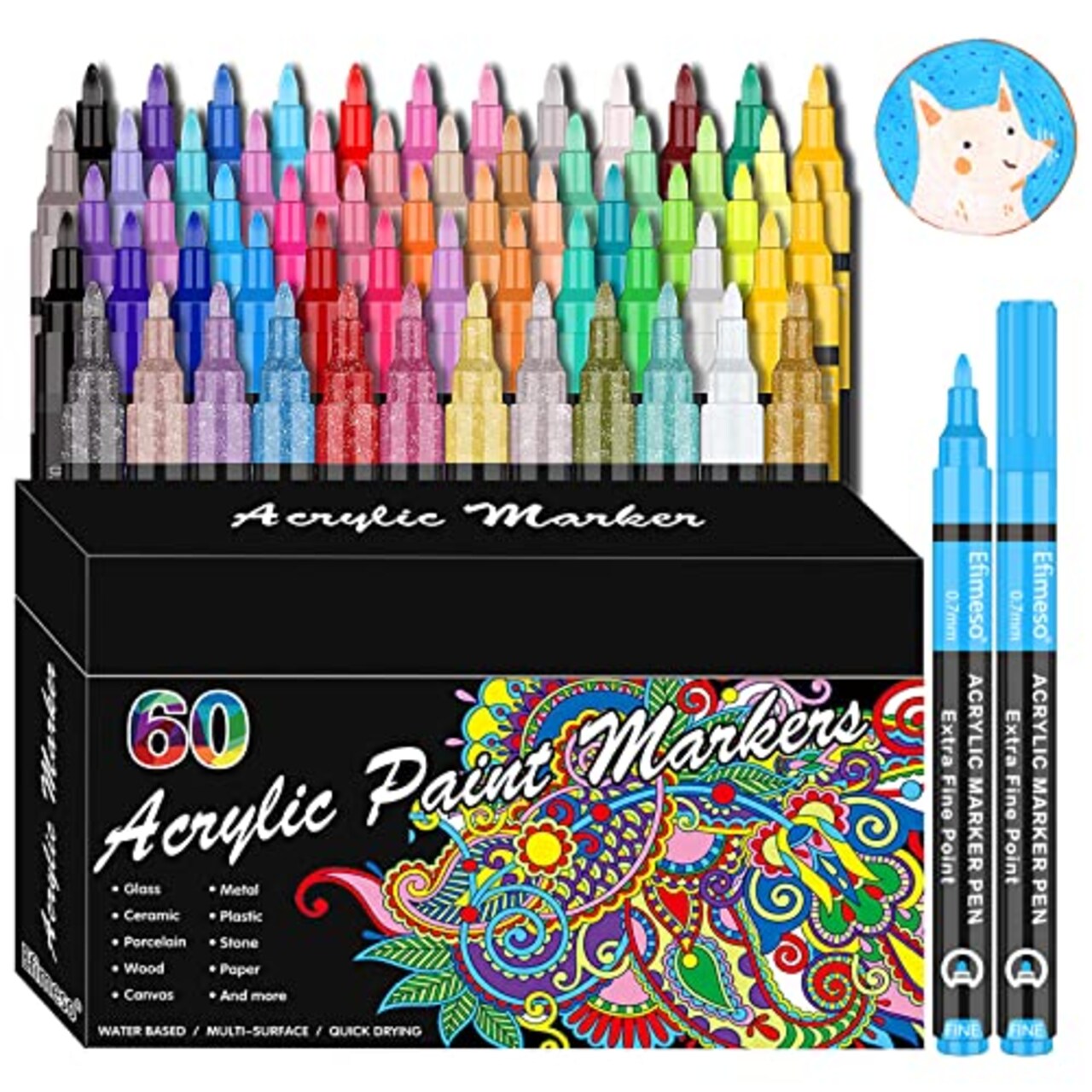 RESTLY Acrylic Paint Pens, 60 Colors Acrylic Paint Marker, 0.7mm Extra Fine Paint  Pens for Canvas, Rock Painting, Wood, Glass, Metal, Ceramic, stone